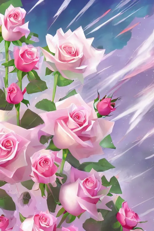 Image similar to background concept art magic invisible blades slicing through a bouquet of white and pink roses, flowers exploding and spraying, big puffy clouds, large rose petals, lotus petals, large polygonal background elements, large polygons, dramatic anime, dramatic lighting, artgerm, manga, trending on artstation, marco bucci, mature colors