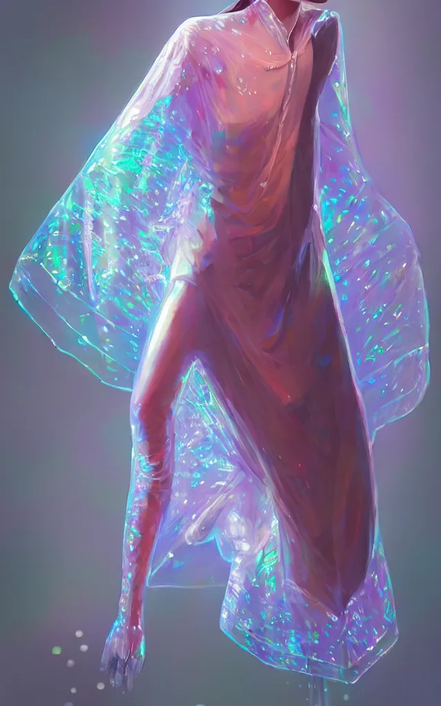 Image similar to transparent poncho, holographic plastic, pearl shine translucency, fashion design, neon illumination, qr detailed sleeves, sport photoshoot, digital art, highly detailed, character design, artstation, concept art, art by artgerm, greg rutkowski, craig mullins, stanley artgerm lau, wlop, ross tran, james jean