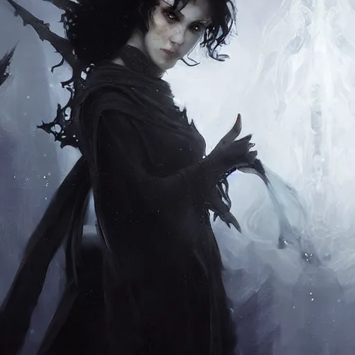 Prompt: a spooky female shadowy elf in dark robes, short curly black hair bangs, dnd character art portrait, by ruan jia