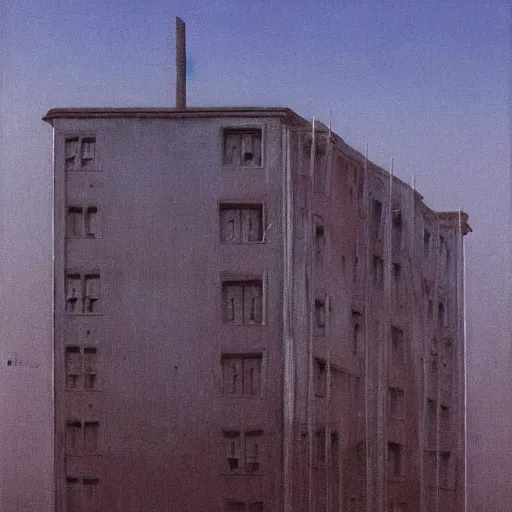 Prompt: a bipedal neon building painted by zdzisław beksinski