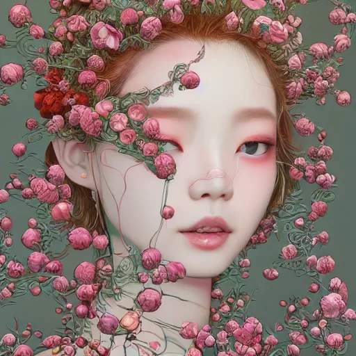 Image similar to the portrait of an absurdly beautiful, graceful, elegant, sophisticated, fashionable young kpop idol made of strawberries and white petals, an ultrafine hyperdetailed illustration by kim jung gi, irakli nadar, intricate linework, bright colors, octopath traveler, final fantasy, unreal engine 5 highly rendered, global illumination, radiant light, detailed and intricate environment