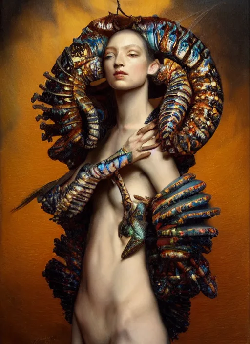 Prompt: highly detailed oil painting | very intricate | cinematic lighting | award - winning | mantis shrimp fashion by alexander mcqueen | by roberto ferri, by tom bagshaw, by j. c. leyendecker and klimt, american romanticism, by austin osman spare, artstation, cgsociety, official art, octane