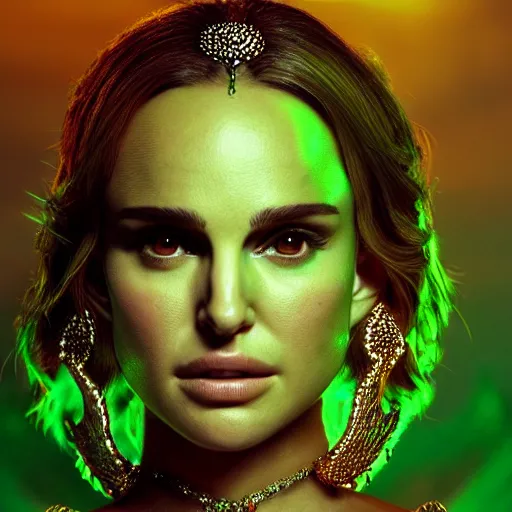 Prompt: portrait natalie portman, glowing, ornate and intricate green jewelry, jaw dropping beauty, glowing background lighting, green accent lighting, hyper detailed, fairy tale, 4 k octane render