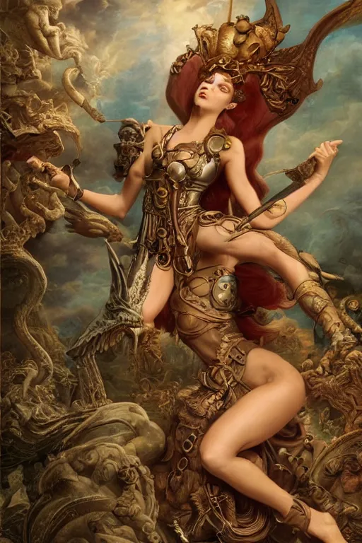 Prompt: Mystical Valkyrie, Portrait of a beautiful female Atlantean Reptilian Warrior, Realistic, Regal, Refined, Detailed Digital Art, Elisabeth-Louise Vigee Le Brun, Michael Cheval, François Boucher, Oil Painting, Steampunk, Walt Disney (1937), Highly Detailed, Cinematic Lighting, Unreal Engine, 8k, HD