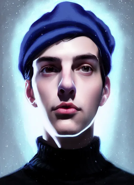 Image similar to portrait of teenage jughead jones wearing a light grey crown, crown, blue turtleneck, closed eyes, photorealistic, black hair, glowing lighting, intricate, elegant, glowing lights, highly detailed, digital painting, artstation, concept art, smooth, sharp focus, illustration, art by wlop, mars ravelo and greg rutkowski