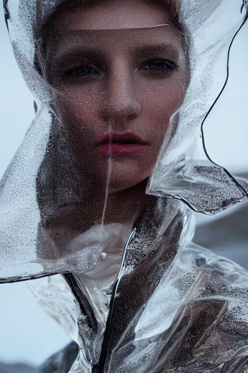 Image similar to an ultra high definition professional high fashion portrait studio full length photograph of a model wearing a transparent pearlescent raincoat and neon visor in an icelandic black rock environment at dawn. no artefacts. extremely detailed. stark. refraction. shallow depth of field. volumetric light and shadow. ray tracing. light rays.