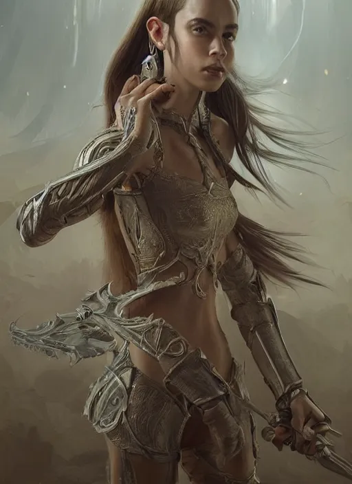 Image similar to a professional portrait of a beautiful young female, clothed in ethereal battle armor, olive skin, long dark hair, beautiful bone structure, symmetrical facial features, intricate, elegant, digital painting, concept art, smooth, sharp focus, finely detailed, illustration, from Valerian and the City of a Thousand Planets, in the style of Ruan Jia and Mandy Jurgens and Artgerm and Greg Rutkowski and William-Adolphe Bouguerea