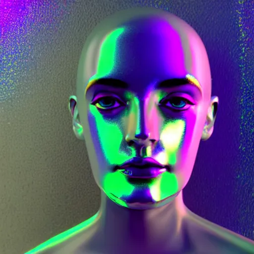 Image similar to 3d render of holographic human robotic head made of glossy iridescent, surrealistic 3d illustration of a human face non-binary, non binary model, 3d model human, cryengine, made of holographic texture, holographic material, holographic rainbow, concept of cyborg and artificial intelligence