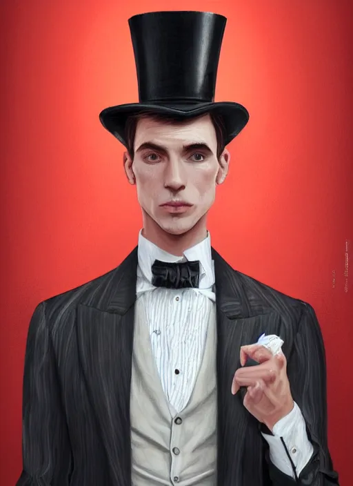 Image similar to a highly detailed illustration of stylish top hat wearing red haired attractive man, clean shaven, hyperdetailed face and eyes, wearing suit vest, nonchalantly leaning back pose, intricate, elegant, highly detailed, centered, digital painting, artstation, concept art, smooth, sharp focus, league of legends concept art, WLOP