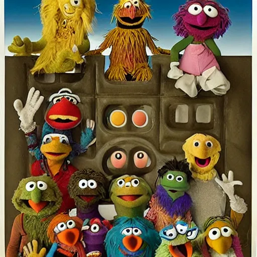 Prompt: Sesame Street muppets designed by Hieronymus Bosch