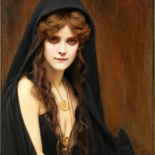 Image similar to portrait of a young women wearing a black cloak with a skull for a face, ultra realistic and highly detailed painting by gaston bussiere and j. c. leyendecker 8 k