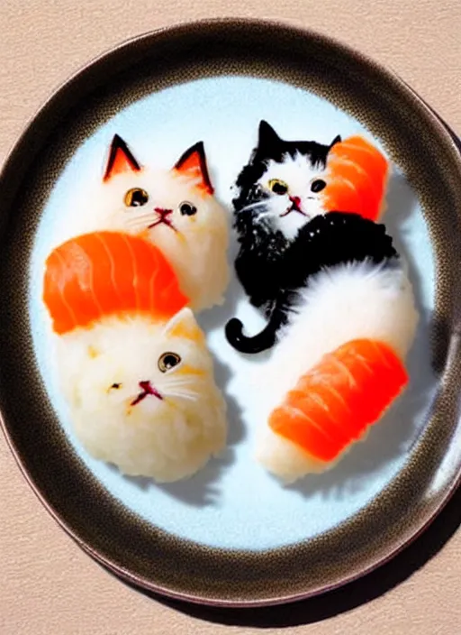 Image similar to clear surrealist painting of adorable cats made from sushi rice, sitting on sushi plates with garnish