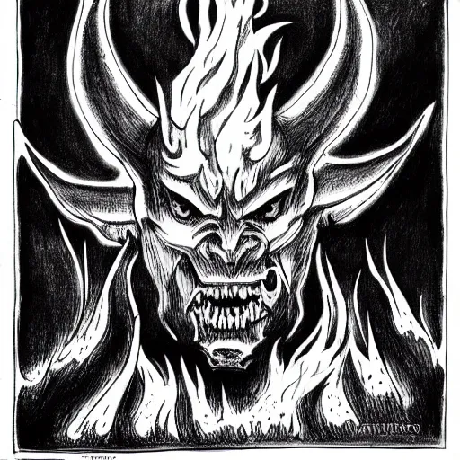 Prompt: detailed horned demon in heroic pose, engulfed in flames, greyscale ink drawing