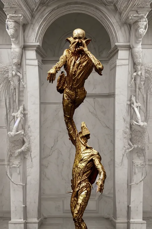 Image similar to Epic view of intricate stained Clown looking backwards using a golden veil statue sculpted on white marble by Antonio Corradini, Wayne Barlowe and Artem Demura