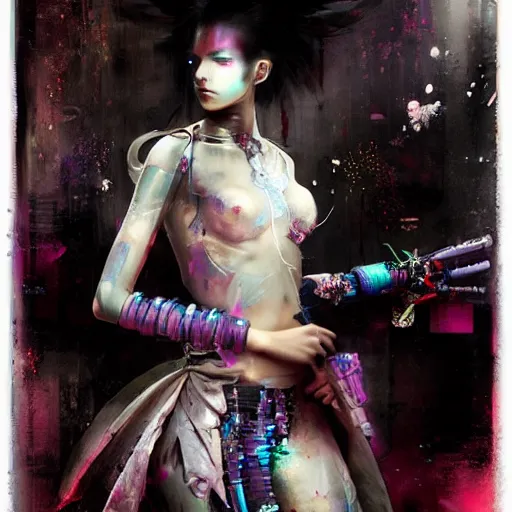 Image similar to cyberpunk geisha warrior by cy Twombly and BASTIEN LECOUFFE DEHARME, iridescent fractal, high tech