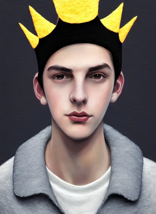 Image similar to portrait of teenage jughead jones wearing a light grey crown, photorealistic, crown made of felt fabric, crown, crown made of felt, black hair, intricate, elegant, highly detailed, digital painting, glowing lights, artstation, concept art, smooth, sharp focus, illustration, art by wlop, mars ravelo and greg rutkowski