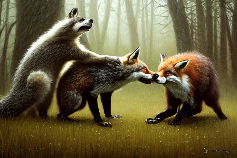 Prompt: photo, badger fights a fox, woodland location, stefan kostic and david cronenberg, realistic, sharp focus, 8 k high definition, intricate, chiaroscuro, elegant, perfect faces, symmetrical face, extremely detailed, hypnotic eyes, realistic, fantasy art, masterpiece zdzislaw beksinski, artgerm