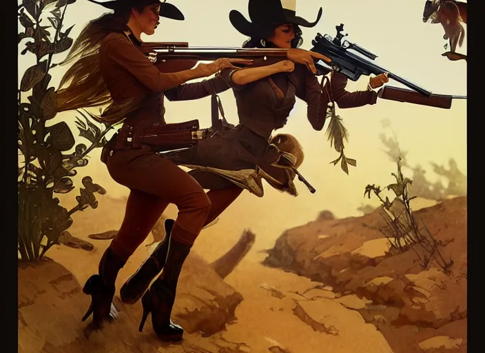 Image similar to a beautiful, dynamic illustration of an anthropomorphic fox woman bounty hunter running and gunning with a winchester rifle, wild west theme, motion blur, action illustration by stanley artgerm, greg rutkowski, alphonse mucha, norman rockwell, 8 k,