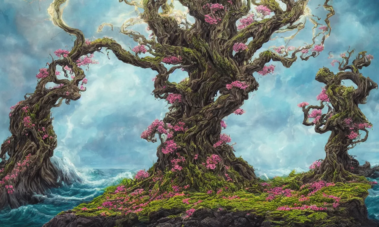 Image similar to a beautiful painting of a huge sacred and mystical and mysterious tree growing on an island with blooming with exotic glowing flowers and bugs, in the middle of a violent tumultuous sea, by john blanche, trending on artstation, midjourney