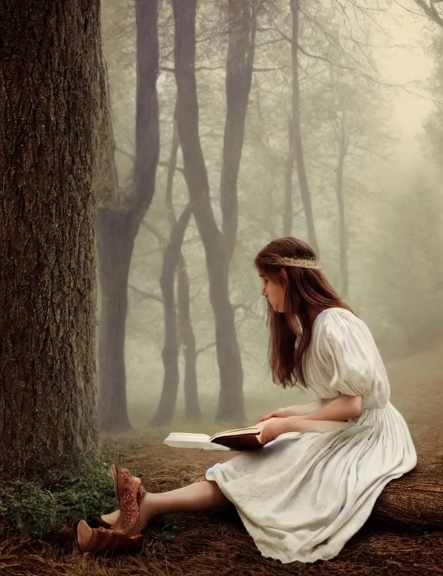 Image similar to beautiful peasant Girl in long white dress reading a book sitting on a tree in a foggy forest, Cinematic focus, Polaroid photo, vintage, neutral colors, soft lights, by Steve Hanks, by Serov Valentin, by lisa yuskavage, by Andrei Tarkovsky 8k render, detailed, oil on canvas