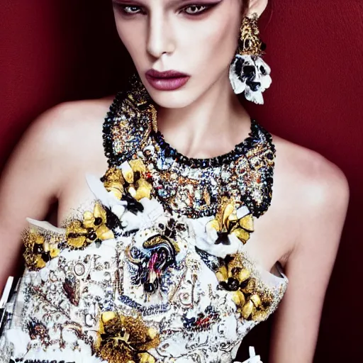 Prompt: close up of face of fashion model with luxury dress, official dolce and gabbana editorial, highly detailed