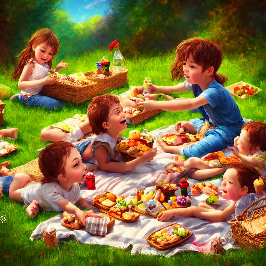 Prompt: epic professional digital portrait of 🧸🧺 picnic, for kids happy, cheerful, fun, kid safe, detailed, hdr, 4 k, best on wlop, pixiv, stunning, gorgeous, much wow, cinematic, masterpiece