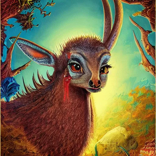 Image similar to a dik dik monster in a shed colorful, digital art, fantasy, magic, trending on artstation, ultra detailed, professional illustration by Basil Gogos