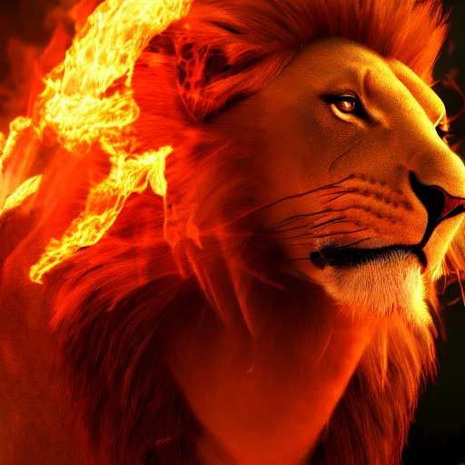 Image similar to fire lion, flaming, detail, unreal engine, cinematic