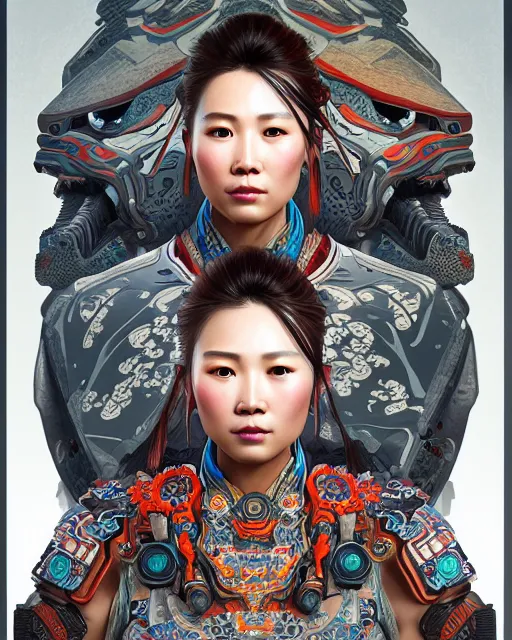 Image similar to portrait of a machine from horizon zero dawn, machine face, upper body, decorated with chinese opera motifs, asian, traditional chinese art, intricate, elegant, highly detailed, digital painting, artstation, concept art, smooth, sharp focus, illustration, art by artgerm and greg rutkowski and alphonse mucha, 8 k