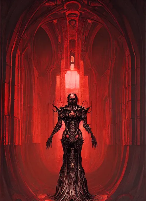 Image similar to masterpiece, infernal lady concept art, stylized, doom, elegant, imperial, epic, intricate art by h. r. giger, greg rutkowski, josan gonzalez, zdizslaw beksinski, biomechanical, crimson darkness, hellscape