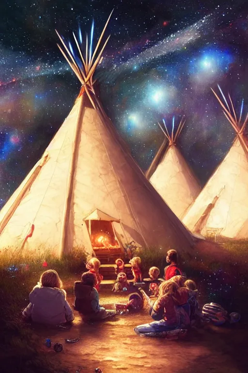 Prompt: a mother a father and 8 children sitting in front of a tipi with galaxies overhead, fireworks, by wlop, by luis royo, by peter mohrbacher, concept art, digital illustration, intricate, masterpiece, elegant, super detailed, unreal engine rendering, smooth, sharp focus, artstation hq