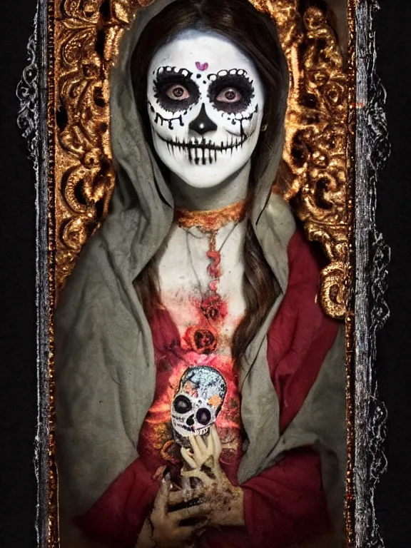 Image similar to tintype virgin mary in dia de muertos dress and make up, horrific beautiful vibe, evocative, atmospheric lighting, painted, intricate, highly detailed,