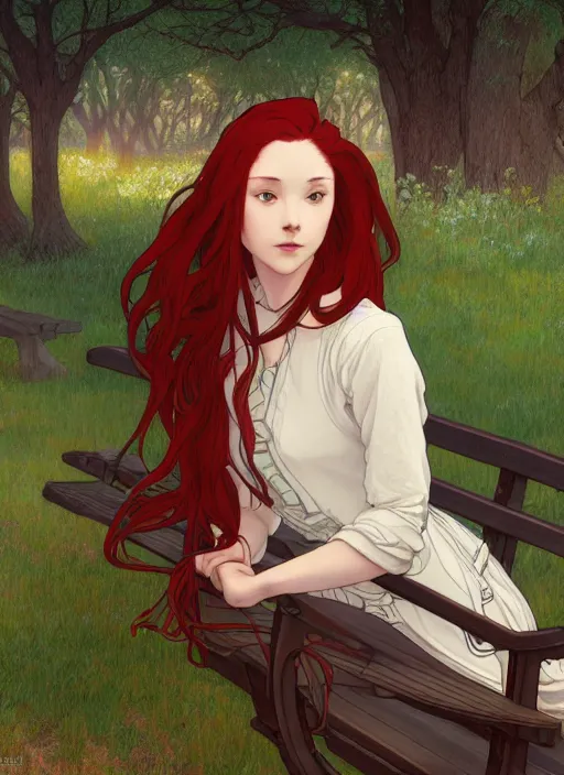 Image similar to pretty young woman with long red hair sitting on a park bench at the dead of night, path traced, highly detailed, high quality, digital painting, by studio ghibli and alphonse mucha, leesha hannigan, makoto shinkai, disney