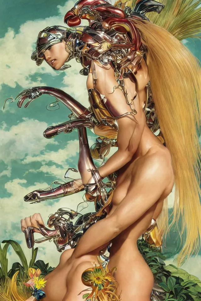 Image similar to an extreme close - up of a chrome cyborg lycra nymph with long fluffy golden blonde hair wrestling with a giant flamingo, tropical flower plants, pigmented smoke, by hajime soryama, boris vallejo, artgerm, greg rutkowski, alphonse mucha