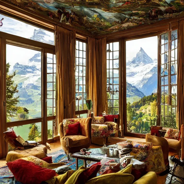 Image similar to photo of a fantastical living room with switzerland landscape in the window in the style of maximalism