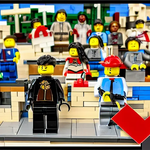 Image similar to a picture of a pastor preaching to his congregation, in the style of LEGO, standing behind a puplit highly detailed