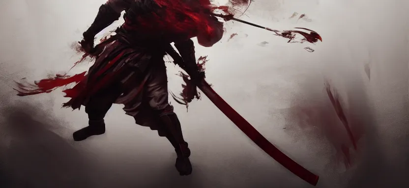 Image similar to Epic action scene, Concept art of a man wielding a guandao, wearing a white garb covered with a long white cloak, red smoke follows his movement, full body wuxia, polearm martial arts by Akihito Yoshitomi AND Yoji Shinkawa AND Greg Rutkowski, Mark Arian trending on artstation, 4k
