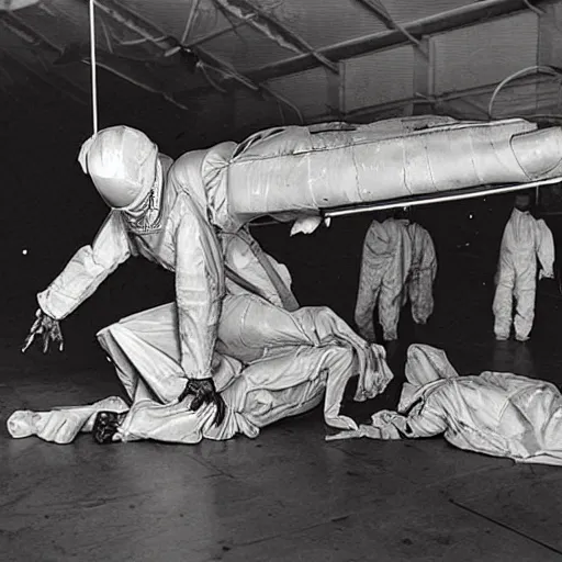 Image similar to alien on a gurney in hanger with people in hazmat suits standing around, grainy, vintage photo, sepia, old photo, realistic, detailed,