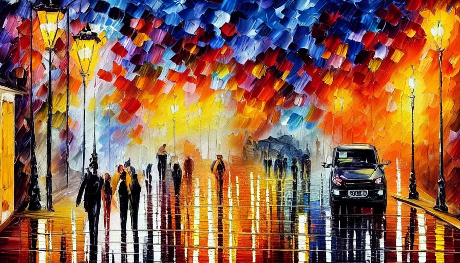 Image similar to painting afremov leonid evening landscape in the city and two people on the road