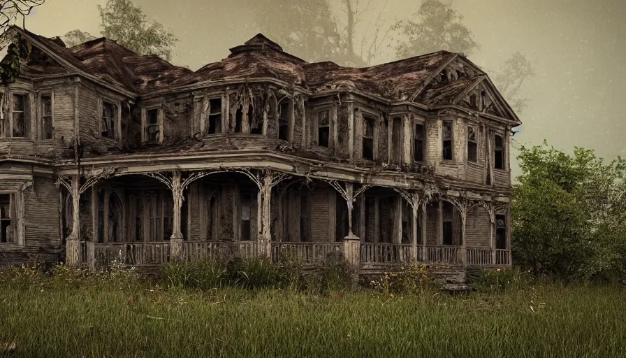 Image similar to old, ruined, abandoned American house, Victorian style, seen from outside and overgrown by plants. First light of day falls upon the building. Scary, horror, ghost story. Dirt, leaves on ground. Octane render. Substance painter. Zbrush. Trending on artstation. 8K. Highly detailed.