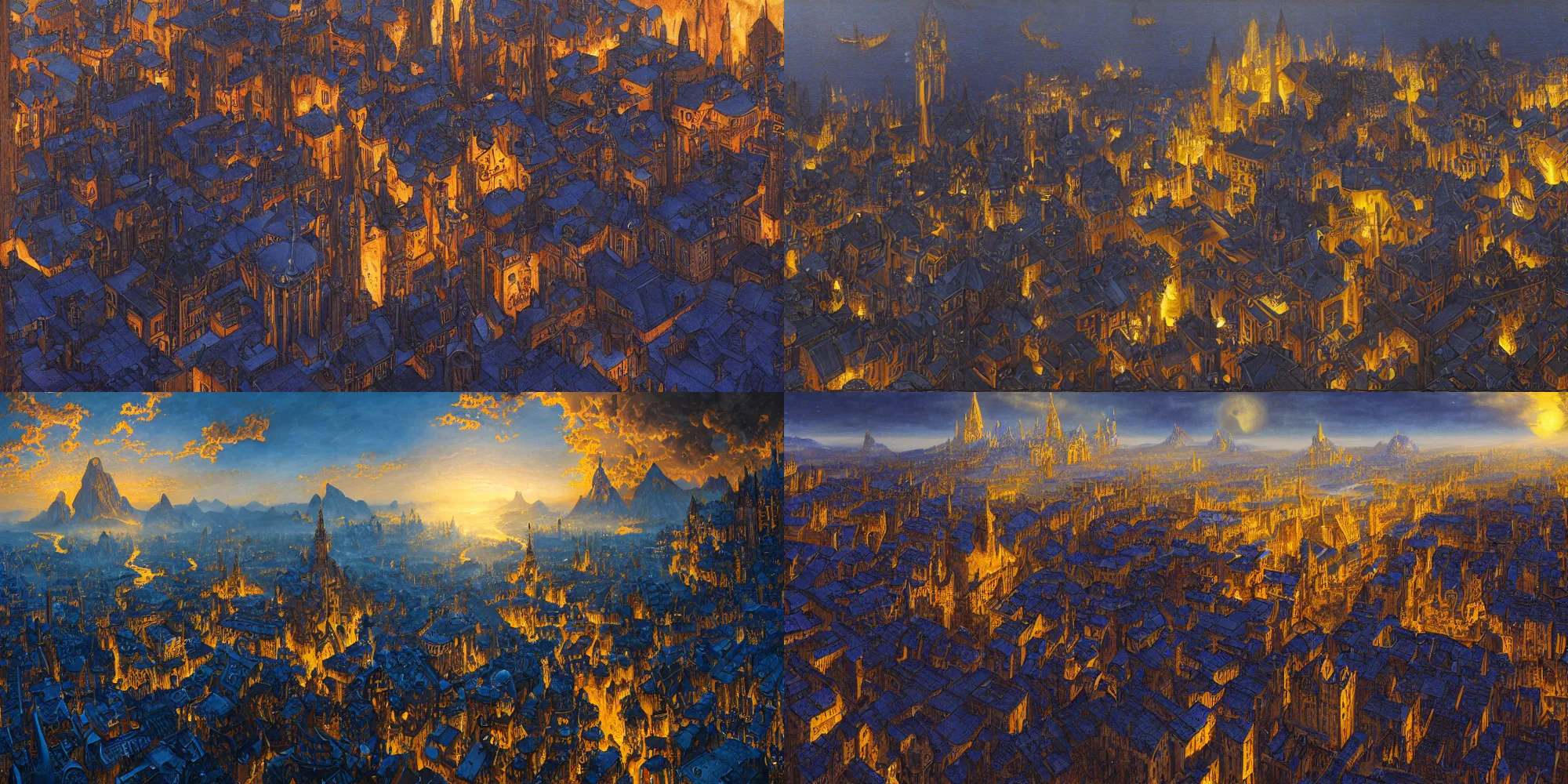 Prompt: Dark blue and amber color scheme. Octane render, 4k. FPS pov. First person perspective. Realm. within the great fantastical mythical mythological city looking down at the intricate ornate byzantine elven dwarven architecture and streets. Art by James C. Christensen, James Gurney, Andreas Rocha, Barclay Shaw, Thomas Cole, Antoine Blanchard, Gilbert Williams, Christophe Vacher.