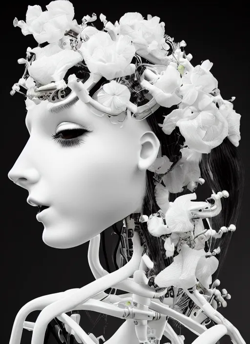 Prompt: black and white dreamy profile face portrait, biomechanical beautiful angelic young female cyborg - robot - doll with long hair made of flowers, body ribs, volumetric light, hibiscus flowers, rim light, big gothic fashion pearl embroidered collar, 1 9 3 0, 8 k