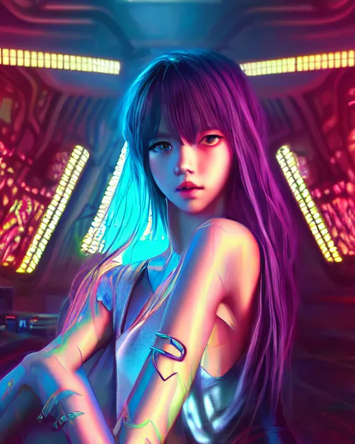 Image similar to beautiful digital painting of lalisa cyberpunk background with high detail, 8 k, stunning detail, neon lights, photo by wlop, artgerm and greg rutkowski and alphonse mucha, unreal engine 5, 4 k uhd