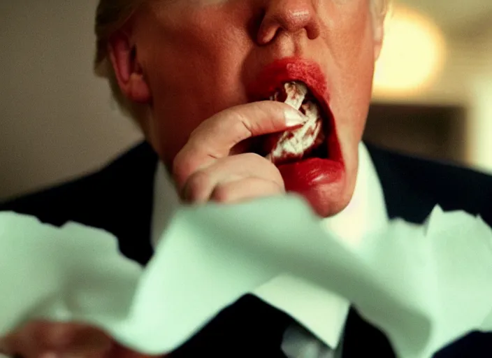 Image similar to cinematic screenshot of trump eating wads of crumpled paper in his mouth, screenshot from the tense thriller film ( 2 0 0 1 ) directed by spike jonze, dramatic backlit window, volumetric hazy lighting, moody cinematography, 3 5 mm kodak color stock, 2 4 mm lens, ecktochrome