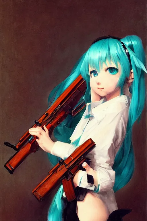 Prompt: hatsune miku holding an ak - 4 7 by rembrandt and konstantin razumov