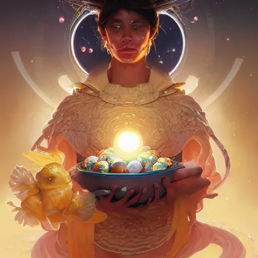 Prompt: a broken egg with the universe as the yolk pouring out, ultra realistic, concept art, intricate details, highly detailed, photorealistic, octane render, 8 k, unreal engine. art by artgerm and greg rutkowski and magali villeneuve and alphonse mucha