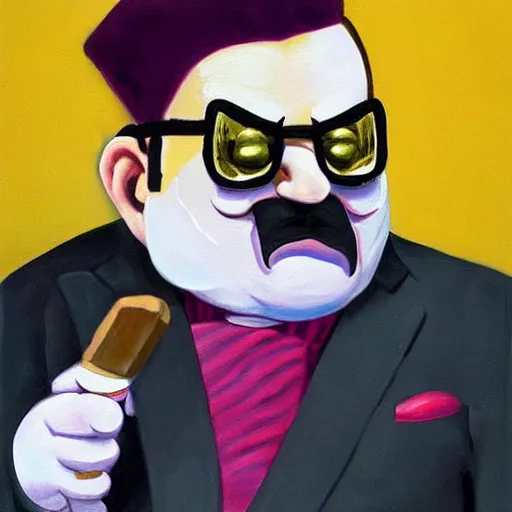 Image similar to wario from the mario series wearing a 3 piece suit and smoking a cigar ( oil painted, greatly illustrated, a portrait, high detailed, great quality painting )