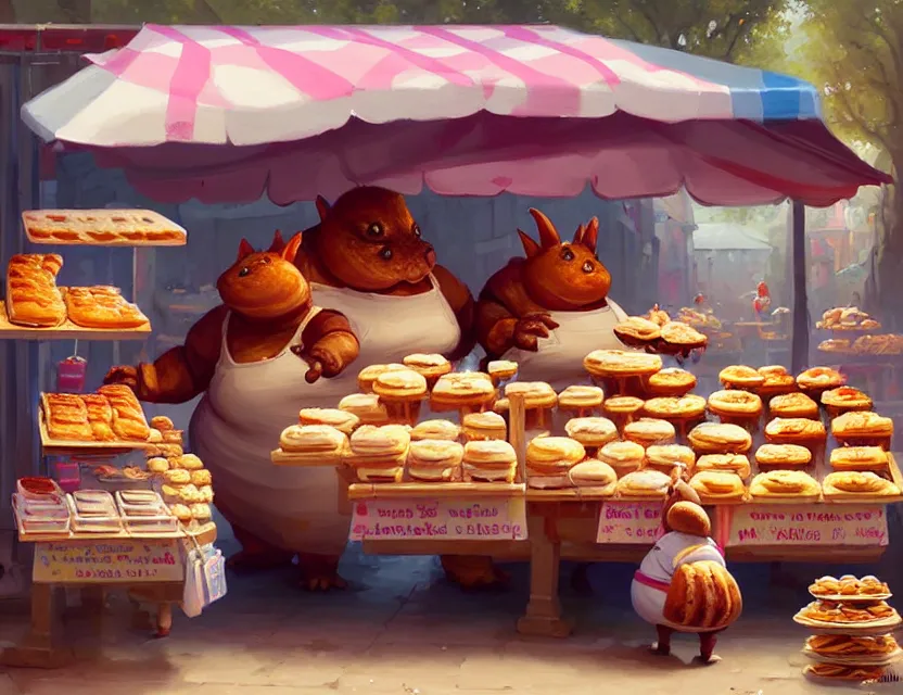 Image similar to a cute painting, one adorable very short fat obese kobold wearing an apron is happily selling delicious pastries at her stall in the market at kragkash, intricate, highly detailed, artstation, concept art, smooth, sharp focus, colorful scene, art by artgerm and greg rutkowski and wlop