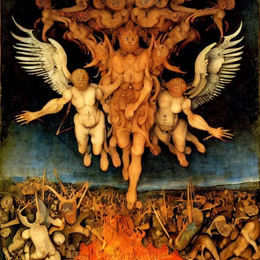 Image similar to vision of hell with winged demons flying over the flames, art by albrecht durer, art by hans memling, art by leonardo da vinci, art by francisco goya, art by pieter bruegel the elder, art by jan van eyck