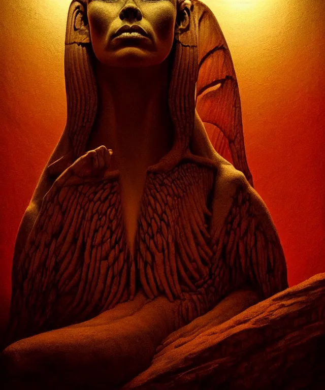 Image similar to epic professional digital art the sphinx, horrific yet beautiful vibe, evocative, atmospheric lighting, painted, intricate, highly detailed, by leesha hannigan, wayne haag, reyna rochin, ignacio fernandez rios, mark ryden, iris van herpen, artstation, cgsociety, stunning, gorgeous, sharp focus, cinematic, masterpiece